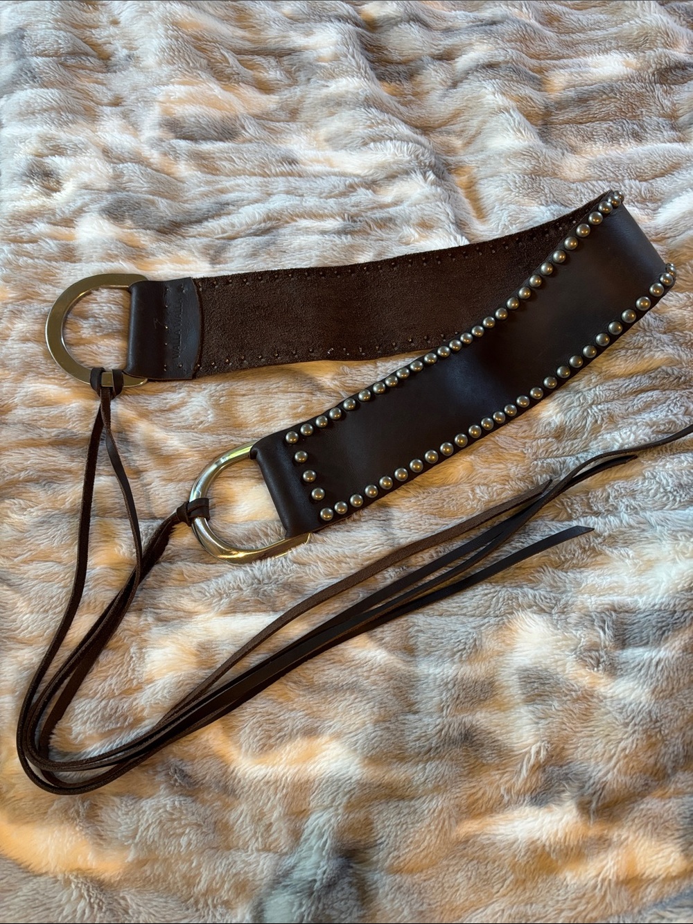 Genuine Brown Studded Leather Waist Belt with Rings and adjustable Ties